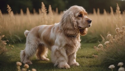 Golden cocker spaniel dog standing gracefully in a sunlit field of tall grass, showcasing its fluffy coat and playful demeanor in a serene natural environment