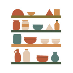 Kitchen shelf vector with jars, bowls and pottery for culinary and home decor projects