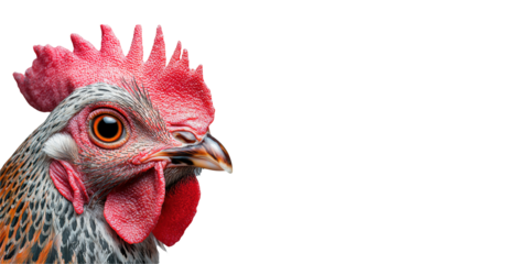 Close-Up Of Rooster Head. Detailed Portrait Of Farm Animal Highlighting Features Isolated On Transparent Background