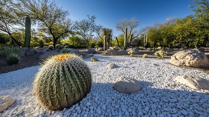Golden barrel cactus or echinocactus grusonii with white gravels in the park