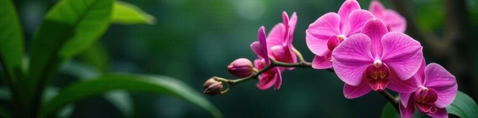 Vibrant pink orchid blooms, lush tropical leaves, bloom, bright, summer