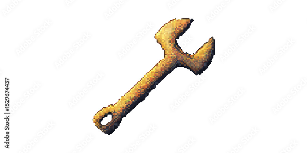 Poster rustic pixelated wrench icon. retro gaming and digital art tool representation isolated on transpare