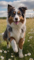 Playful dog with a fluffy coat is running joyfully through a field of wildflowers, showcasing a vibrant and lively outdoor scene filled with nature's beauty and warmth