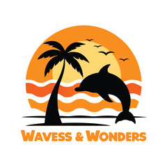 Dolphin Seagull and Palm Silhouettes at Sunset