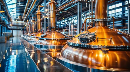 An interior view of a modern brewery showcasing gleaming copper brewing equipment, symbolizing craftsmanship and innovation in beverage production within a well-lit industrial space.