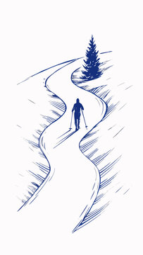 Cross-country skier navigating winding trail through snowy landscape  