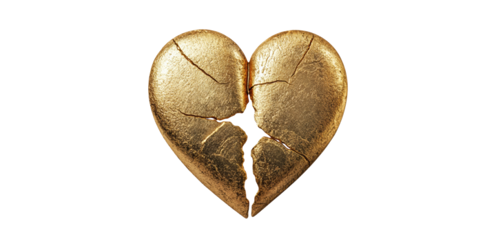Cracked Golden Heart Symbolizing Broken Relationships And Emotional Healing Isolated On Transparent Background