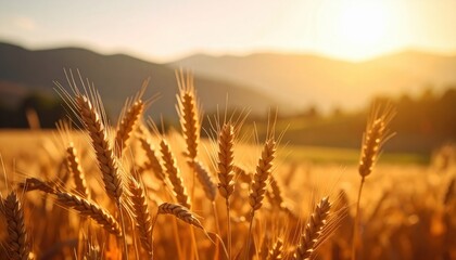 Naklejka premium Golden Wheat Field at Sunset Rural Landscape Agriculture Harvest Season
