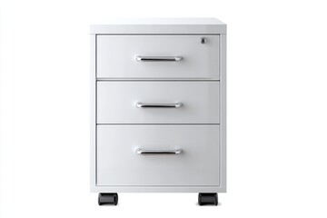 Three-drawer filing cabinet with metal handles.