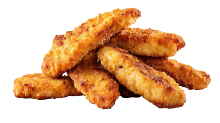 Breaded fried chicken breast strips isolated on transparent background