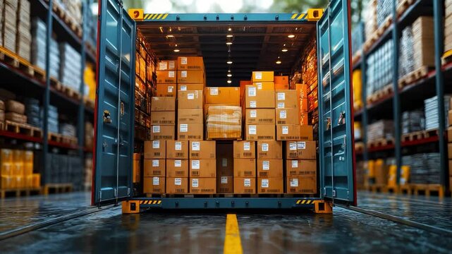 A shipping container filled with stacked cardboard boxes in a warehouse. The interior is well-lit, showcasing organized storage and logistics.