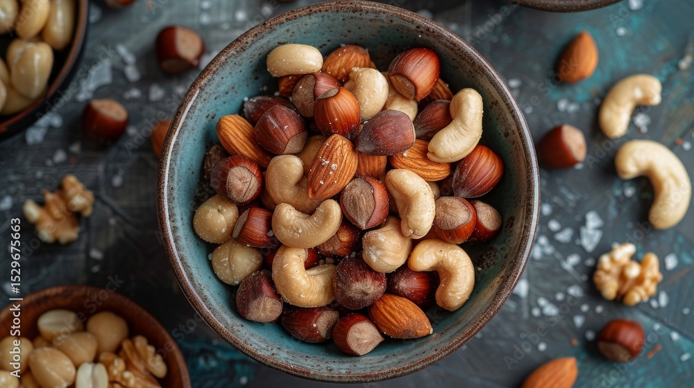 Aufkleber this image features a visually appealing assortment of nuts in a rustic bowl, emphasizing the textur