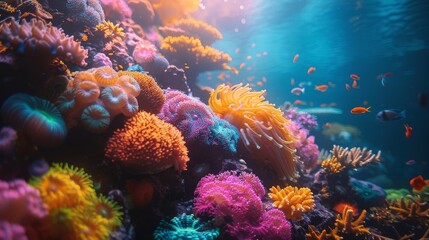 Obraz premium Dive into this vibrant underwater scene, teeming with colorful coral reefs and diverse marine life, highlighting the beauty and richness of aquatic ecosystems and biodiversity.