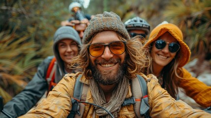 A vibrant group of friends is seen taking a selfie, surrounded by nature, showcasing adventure, camaraderie, and the joy of outdoor activities.