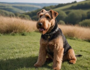 Airedale Terrier sitting on lush green grass in a scenic landscape, showcasing its distinctive coat and playful demeanor in a natural outdoor setting