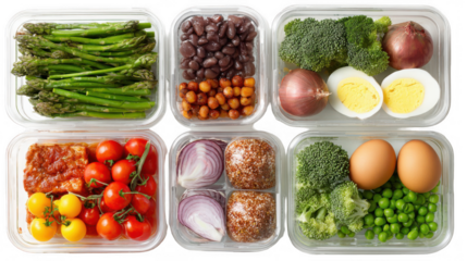Various fresh meal prep ingredients are neatly organized in transparent containers, showcasing a colorful and balanced approach to healthy eating