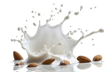 Almond Milk Splash with Whole Almonds Isolated on White Background