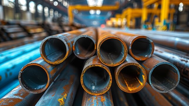 This close-up image captures a stack of industrial steel pipes, showcasing their sturdy structure and the industrial environment of a manufacturing facility.