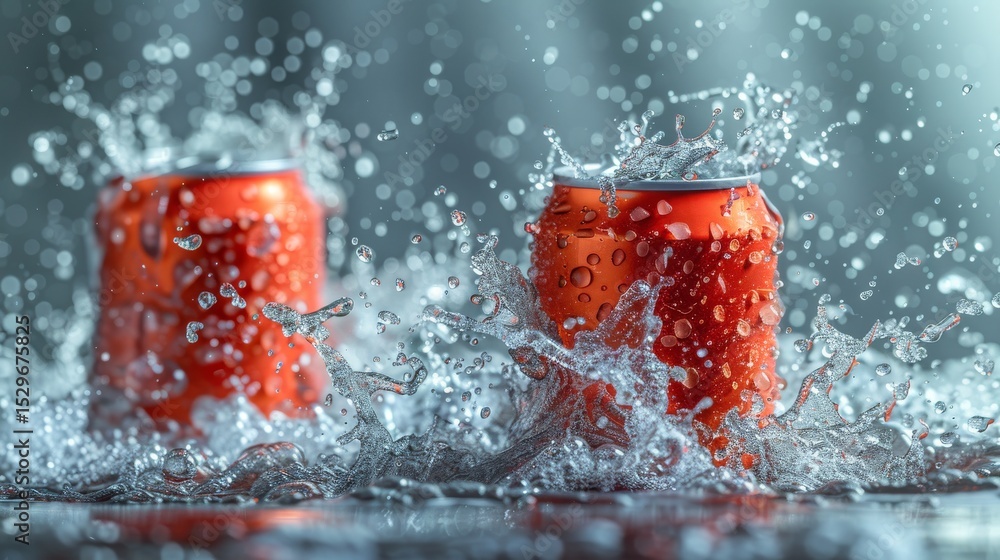 Poster a dynamic close-up image of two orange soda cans splashing in water, creating thrilling water drople