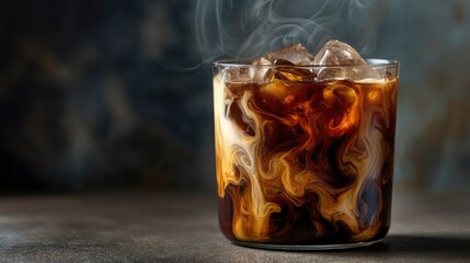 Rich, dark iced coffee swirling with cold milk in a clear glass