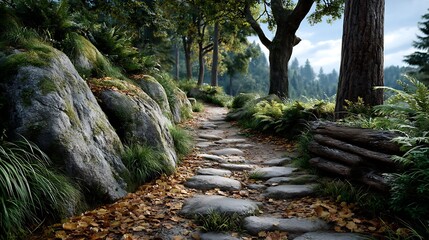 A realistic high-definition photo of a secluded woodland path carpeted with fallen leaves.