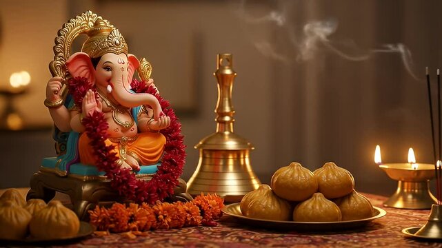 Ganesh Statue with Sweets and Incense