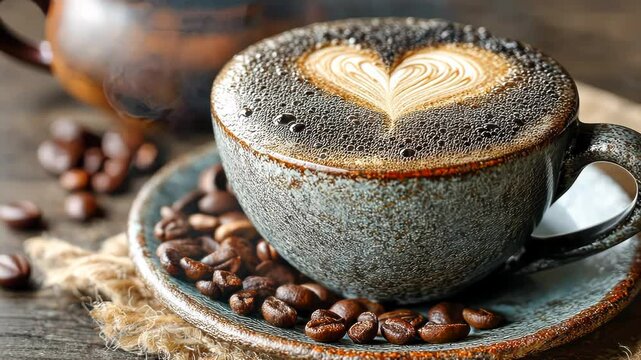 Close-up of a textured ceramic coffee cup with latte art heart and roasted beans