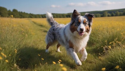 Playful dog running through a vibrant field of wildflowers, showcasing a joyful expression and dynamic movement, embodying the spirit of freedom and adventure in nature