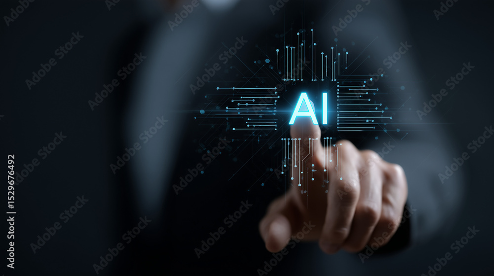 Poster a businessman activating an artificial intelligence interface in a futuristic interface. symbolizes 