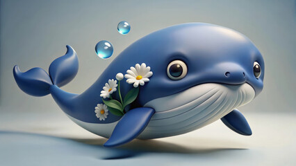 Adorable 3D cartoon blue whale with big eyes, white daisies, and water bubbles in a soft pastel background, cute marine animal illustration for kids, decor, and design
