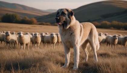 Large livestock guardian dog stands proudly in a golden field, surrounded by a flock of sheep grazing peacefully, showcasing the bond between animals and nature