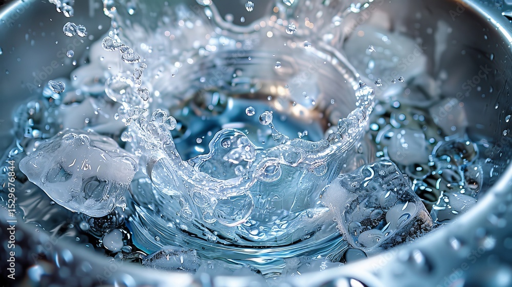 Poster a dynamic splash of water surrounded by melting ice cubes creates an invigorating scene, combining b