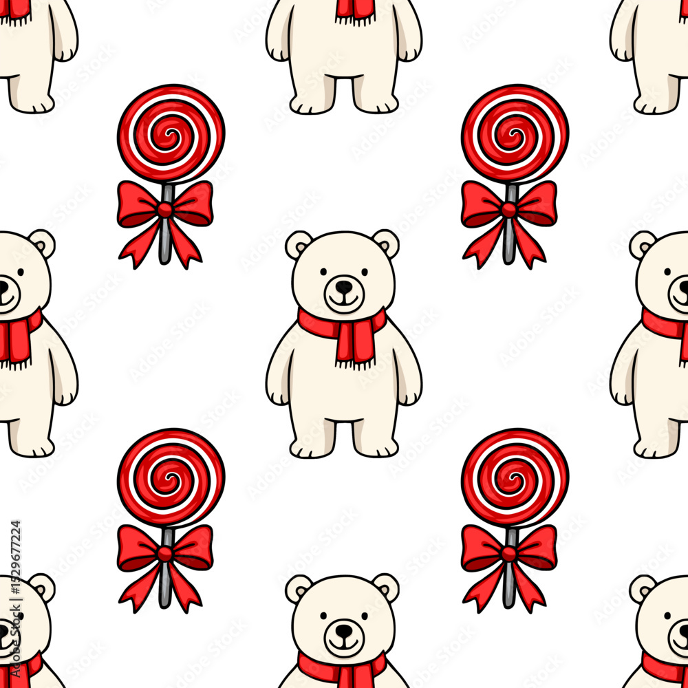 Poster seamless vector pattern featuring adorable polar bears in red scarves and red swirl lollipops with b