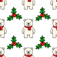 Seamless vector pattern featuring adorable polar bears wearing red scarves and festive holly berries, perfect for winter holidays and Christmas designs.