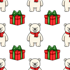 Seamless vector pattern featuring adorable polar bears wearing red scarves and festive red and green gift boxes, creating a charming Christmas design.