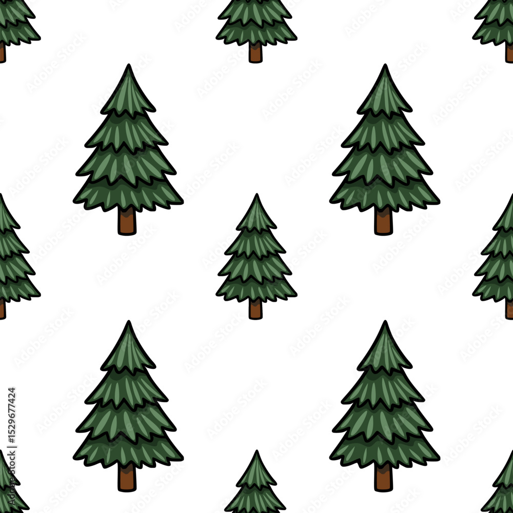 Poster seamless vector pattern with stylized evergreen trees, featuring dark green foliage and brown trunks