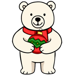 Adorable vector illustration of a cheerful polar bear wearing a red scarf and holding a green and red Christmas ornament, perfect for winter holiday designs.