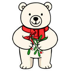 Adorable vector illustration of a cheerful polar bear wearing a red scarf and holding a sprig of mistletoe, perfect for festive designs.
