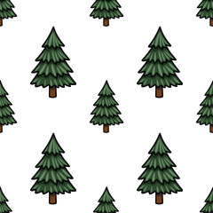 Seamless vector pattern with stylized evergreen trees, featuring dark green foliage and brown trunks, creating a simple yet charming nature-inspired design.
