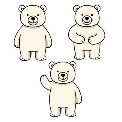 Adorable vector illustration featuring three unique poses of a cartoon polar bear, perfect for childrens books, greeting cards, or playful designs.