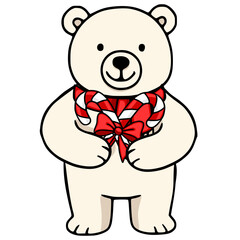 Adorable vector illustration of a polar bear holding a pair of candy canes tied with a red bow, perfect for Christmas cards or winter-themed designs.