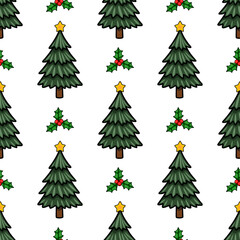 Seamless vector pattern of stylized Christmas trees with golden stars and holly berries, creating a cheerful festive design perfect for winter holidays.