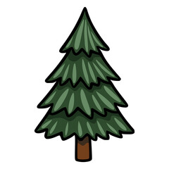 A whimsical vector illustration of a stylized evergreen tree with a dark brown trunk and layered, textured green foliage, perfect for childrens books or nature-themed designs.