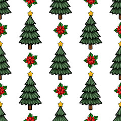 Seamless vector Christmas pattern featuring stylized evergreen trees adorned with yellow stars and vibrant poinsettia flowers, creating a festive and cheerful winter design.