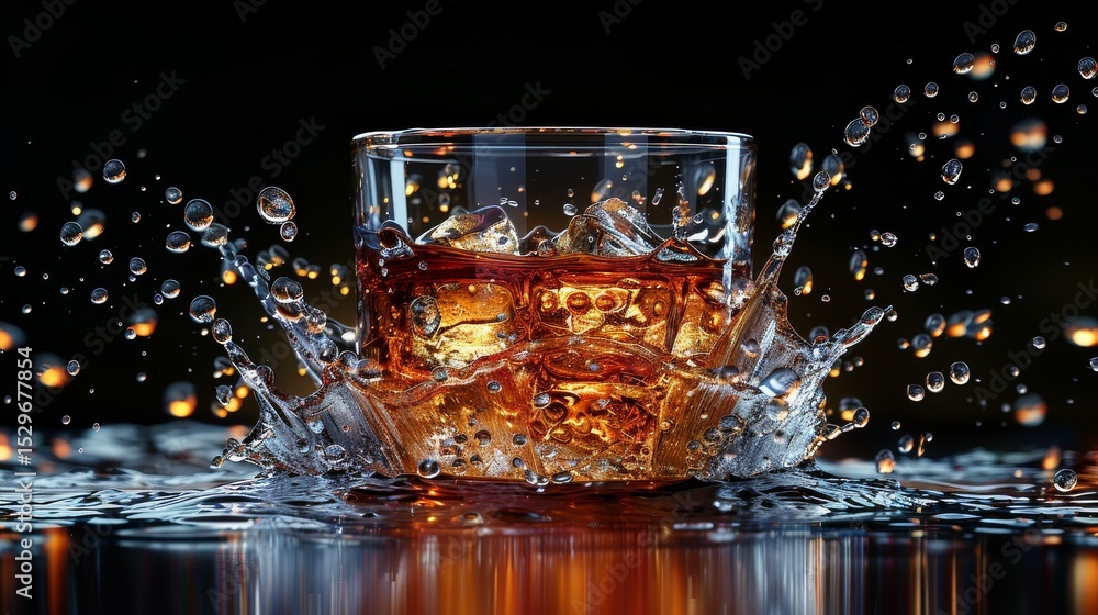 Poster a captivating moment captured as liquid splashes from a glass filled with whiskey, creating a striki