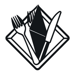 Black and white line-style vector of a napkin with disposable cutlery. Ideal for restaurant menus, packaging, food delivery apps, eco product labels, and kitchen icons.