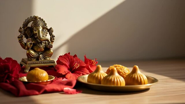 Golden Ganesha Statue With Modak Sweets Hibiscus Flowers Red Cloth On Wooden Table Religious Offering In Warm Light Holiday Still Life Decoration