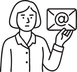 Woman Holding Email Envelope with At Symbol Representing Communication and Digital Correspondence in Black and White