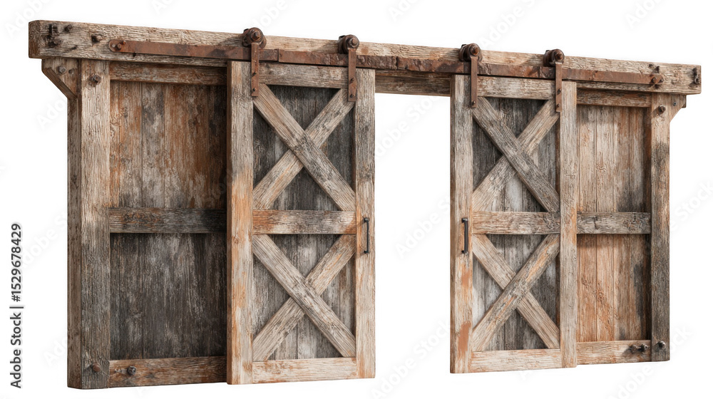Poster sliding barn doors with rusty metal hardware and cross buck design are partially opened, revealing a