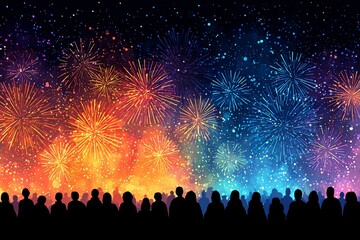 a flat style crowd watching fireworks in the night sky, minimal illustration, colorful silhouettes, empty sky space above